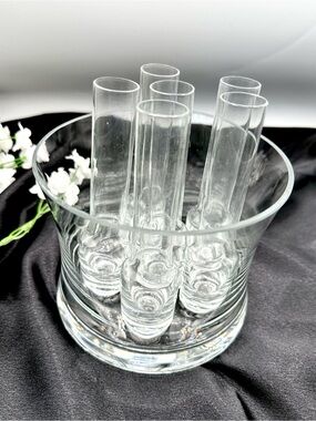 Pier 1 Imports 6 Shot Glasse Chillers in Clear Glass Ice Bucket.